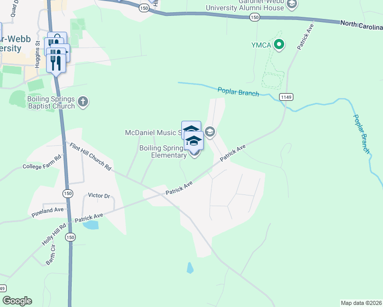 map of restaurants, bars, coffee shops, grocery stores, and more near 1522 Patrick Avenue in Shelby
