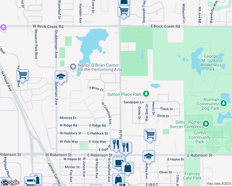 map of restaurants, bars, coffee shops, grocery stores, and more near 104 Crawford Court in Norman
