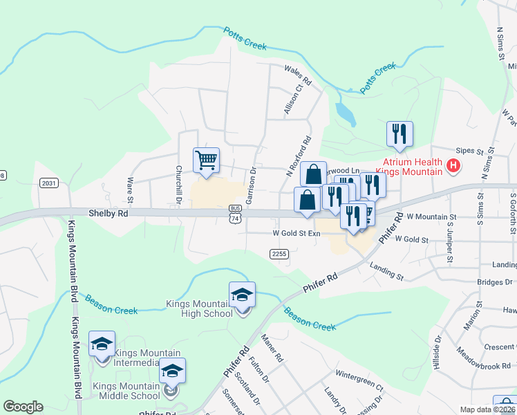 map of restaurants, bars, coffee shops, grocery stores, and more near 1206 Shelby Road in Kings Mountain