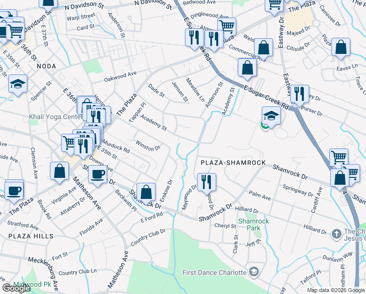 map of restaurants, bars, coffee shops, grocery stores, and more near 2000 Patio Court in Charlotte