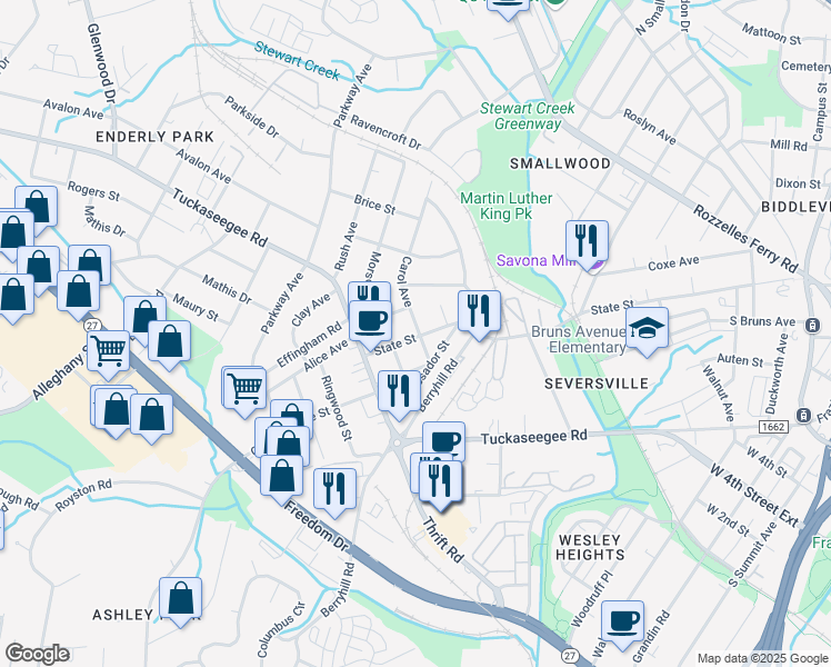 map of restaurants, bars, coffee shops, grocery stores, and more near 1009 State Street in Charlotte