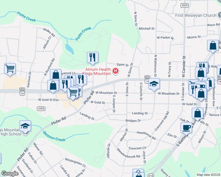 map of restaurants, bars, coffee shops, grocery stores, and more near 203 South Juniper Street in Kings Mountain