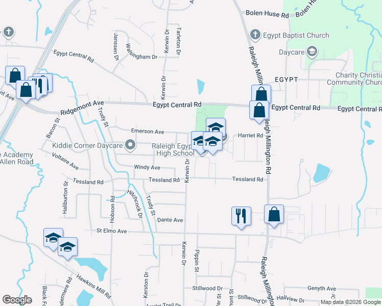 map of restaurants, bars, coffee shops, grocery stores, and more near 4166 Kerwin Drive in Memphis