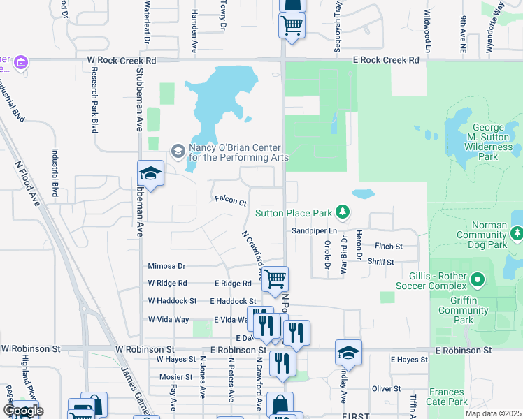map of restaurants, bars, coffee shops, grocery stores, and more near 1719 North Crawford Avenue in Norman