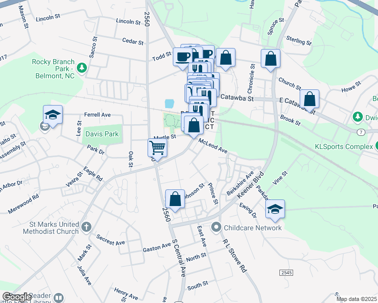 map of restaurants, bars, coffee shops, grocery stores, and more near 203 South Main Street in Belmont