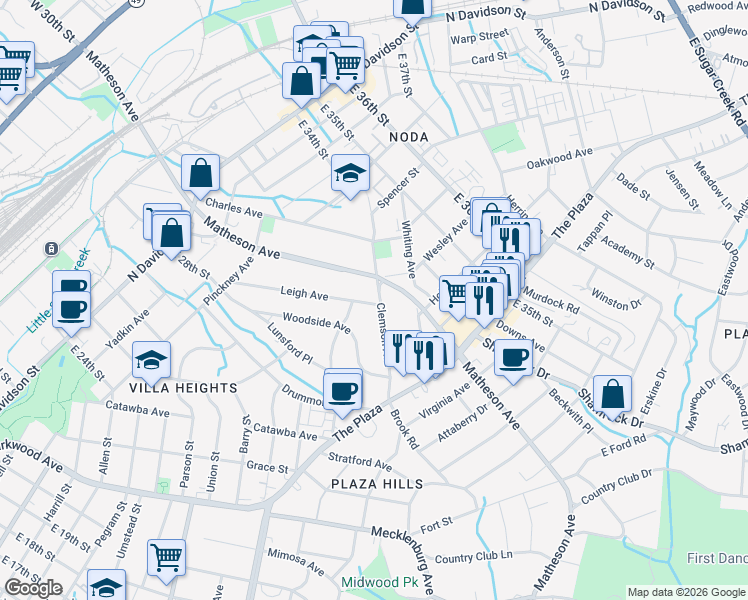 map of restaurants, bars, coffee shops, grocery stores, and more near 1216 Leigh Avenue in Charlotte
