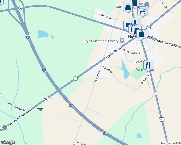 map of restaurants, bars, coffee shops, grocery stores, and more near 532 Fayetville Street in Newton Grove