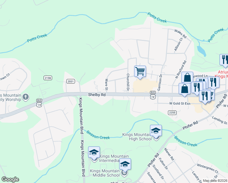 map of restaurants, bars, coffee shops, grocery stores, and more near 1419 Shelby Road in Kings Mountain