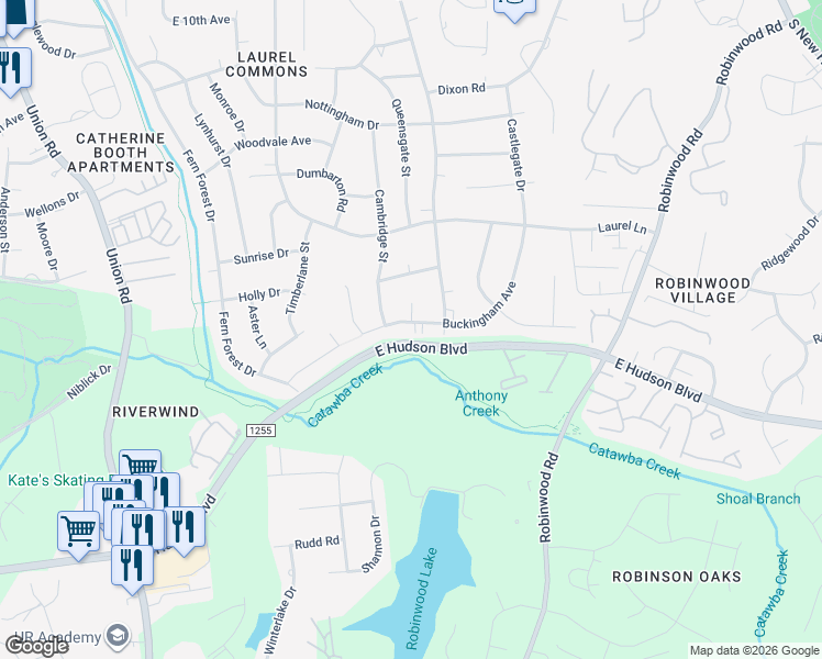 map of restaurants, bars, coffee shops, grocery stores, and more near 1421 Buckingham Avenue in Gastonia