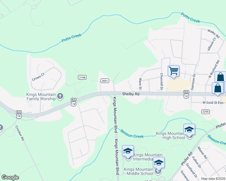 map of restaurants, bars, coffee shops, grocery stores, and more near 1699-1709 Shelby Road in Kings Mountain