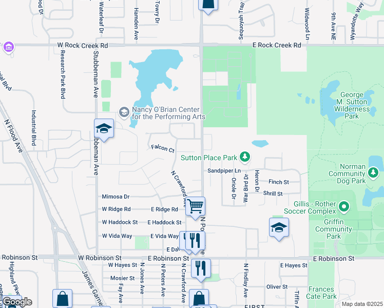 map of restaurants, bars, coffee shops, grocery stores, and more near 104 Crawford Court in Norman