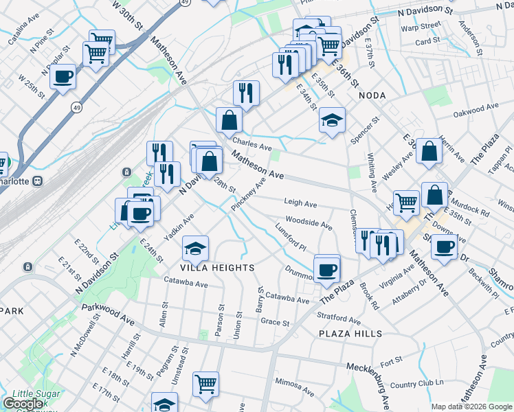 map of restaurants, bars, coffee shops, grocery stores, and more near 820 Woodside Avenue in Charlotte
