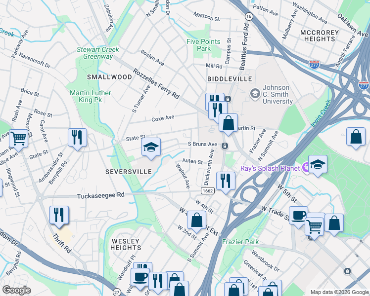 map of restaurants, bars, coffee shops, grocery stores, and more near in Charlotte