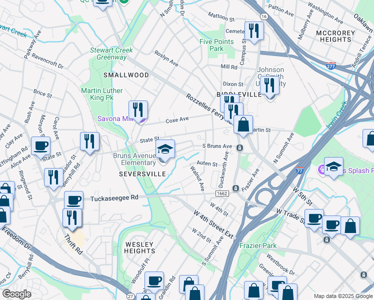 map of restaurants, bars, coffee shops, grocery stores, and more near 333 South Bruns Avenue in Charlotte