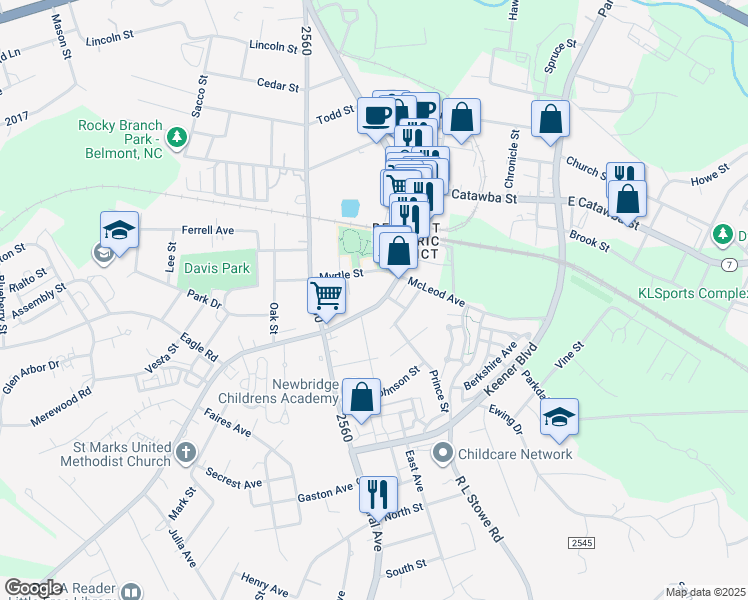map of restaurants, bars, coffee shops, grocery stores, and more near 203 South Main Street in Belmont