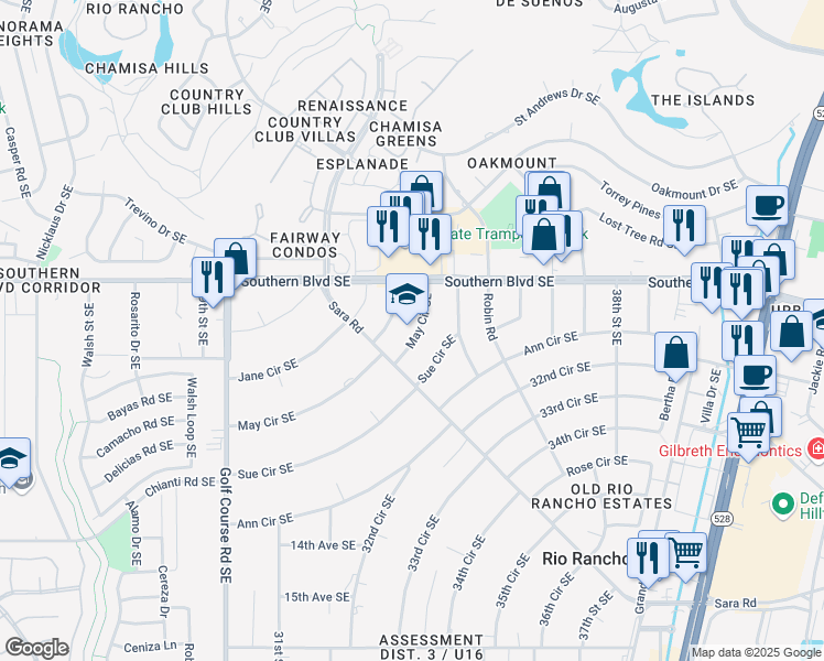 map of restaurants, bars, coffee shops, grocery stores, and more near 3305 May Circle Southeast in Rio Rancho