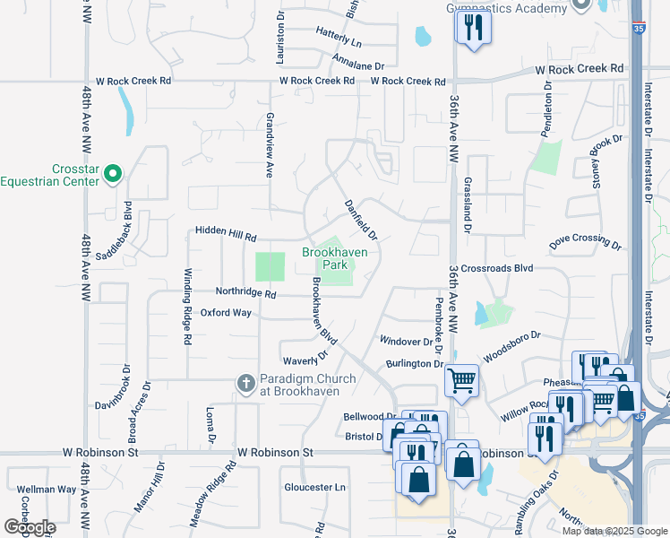 map of restaurants, bars, coffee shops, grocery stores, and more near 1801 Brookhaven Boulevard in Norman