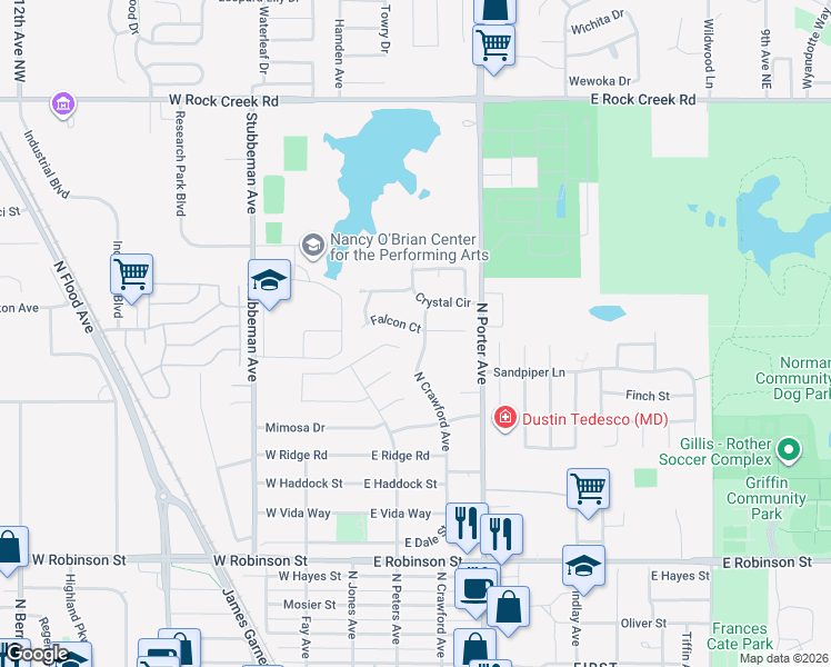 map of restaurants, bars, coffee shops, grocery stores, and more near 202 Falcon Court in Norman