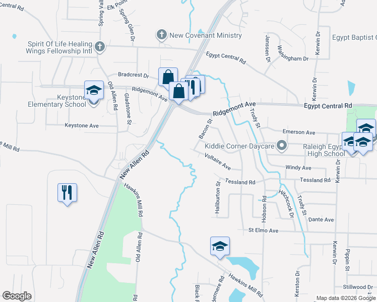 map of restaurants, bars, coffee shops, grocery stores, and more near 3545 Voltaire Avenue in Memphis