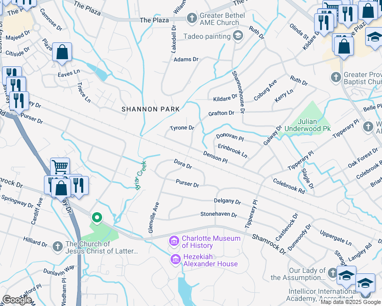 map of restaurants, bars, coffee shops, grocery stores, and more near 2627 Dora Drive in Charlotte