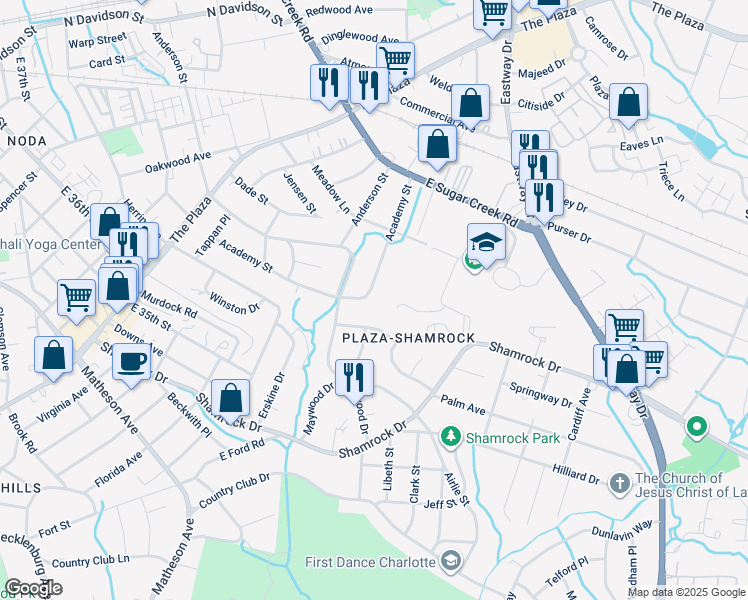 map of restaurants, bars, coffee shops, grocery stores, and more near 2101 Dalehurst Drive in Charlotte