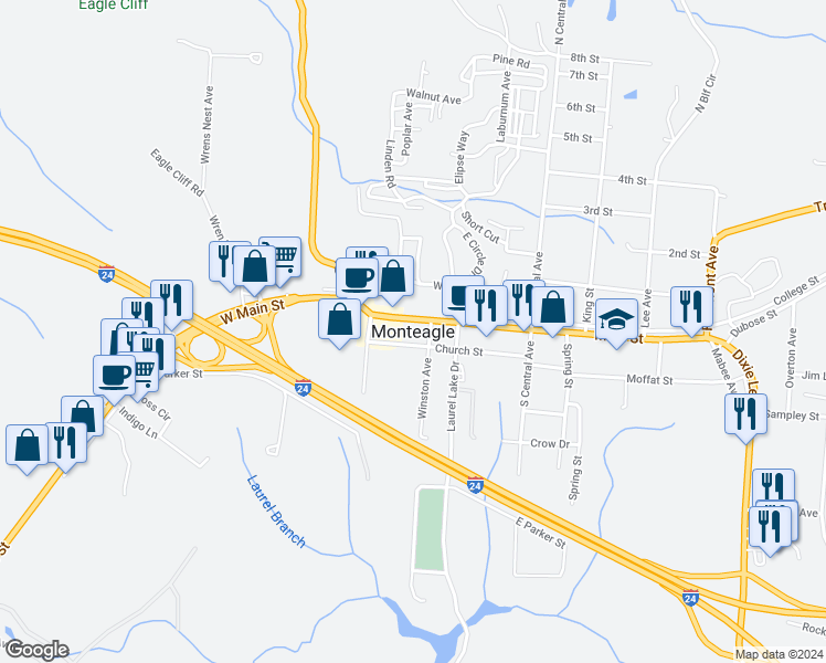 map of restaurants, bars, coffee shops, grocery stores, and more near in Monteagle