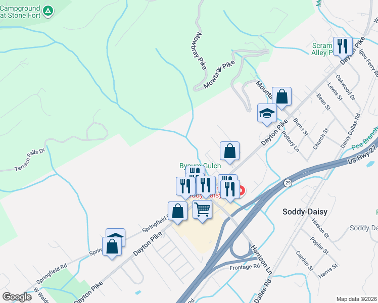 map of restaurants, bars, coffee shops, grocery stores, and more near 9383 Dayton Pike in Soddy-Daisy