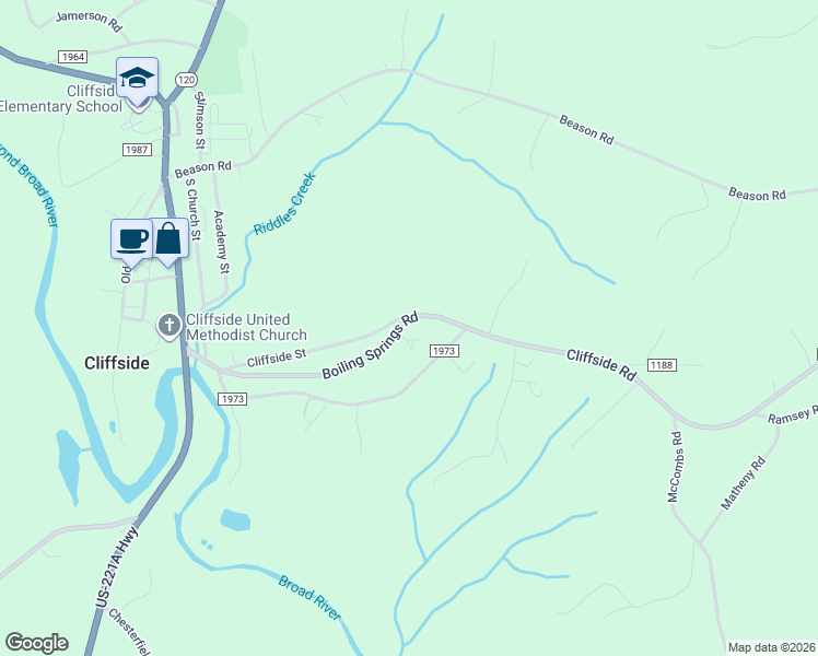 map of restaurants, bars, coffee shops, grocery stores, and more near 372 Boiling Springs Road in Mooresboro