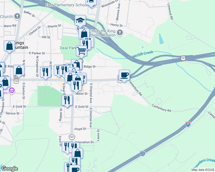 map of restaurants, bars, coffee shops, grocery stores, and more near 107 Cambridge Oaks Circle in Kings Mountain
