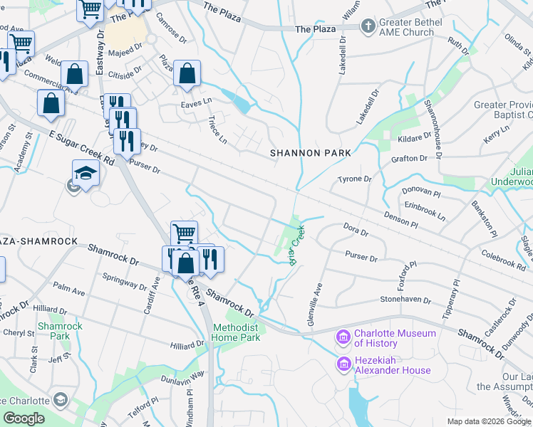 map of restaurants, bars, coffee shops, grocery stores, and more near 2301 Finchley Drive in Charlotte