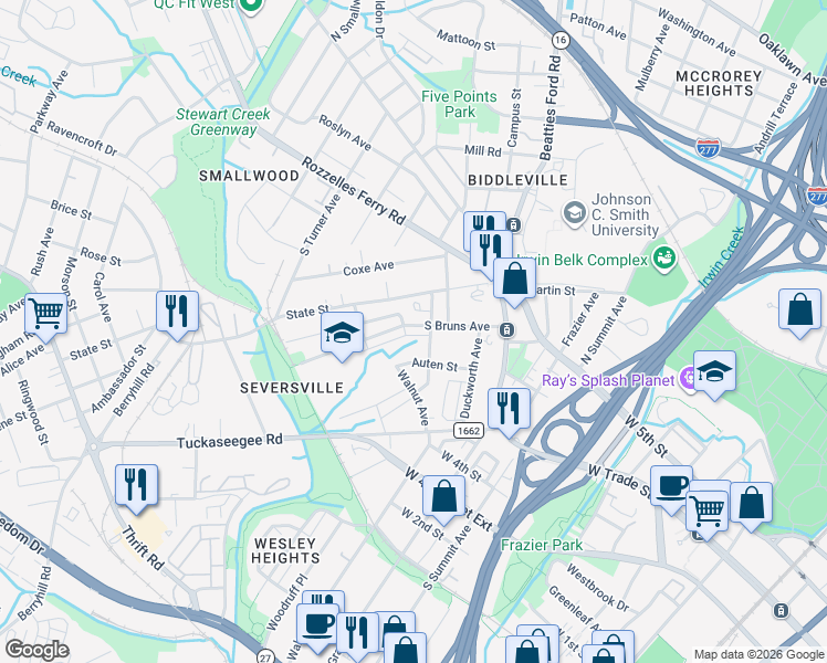 map of restaurants, bars, coffee shops, grocery stores, and more near in Charlotte