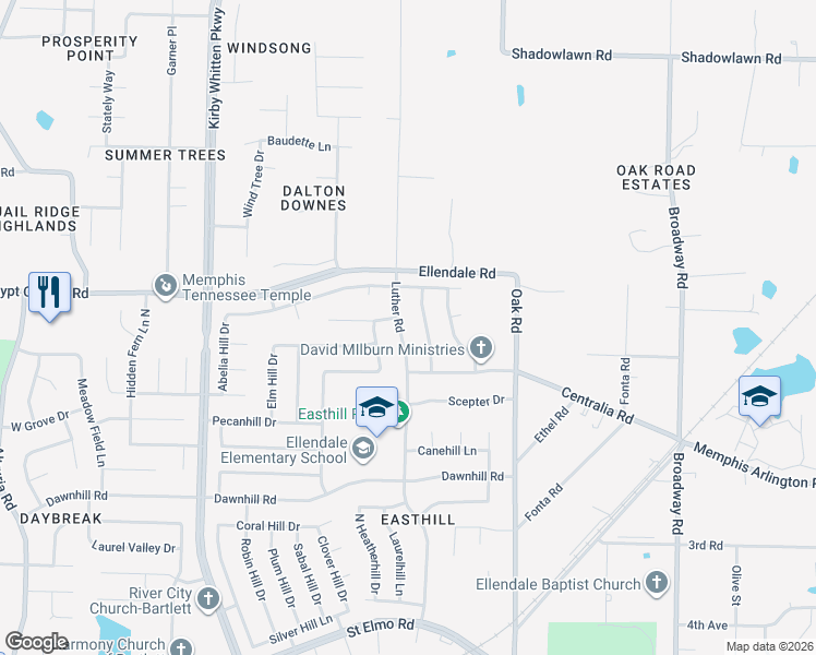 map of restaurants, bars, coffee shops, grocery stores, and more near 4160 Beechill Drive in Memphis