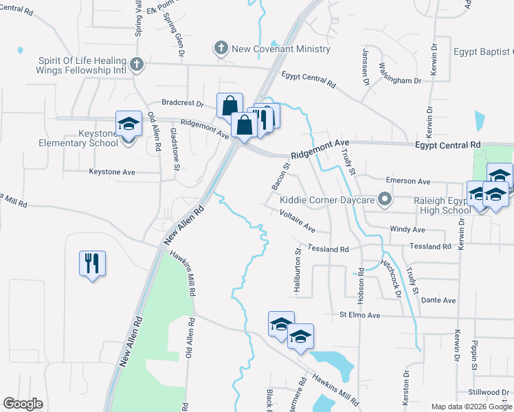 map of restaurants, bars, coffee shops, grocery stores, and more near 3545 Voltaire Avenue in Memphis