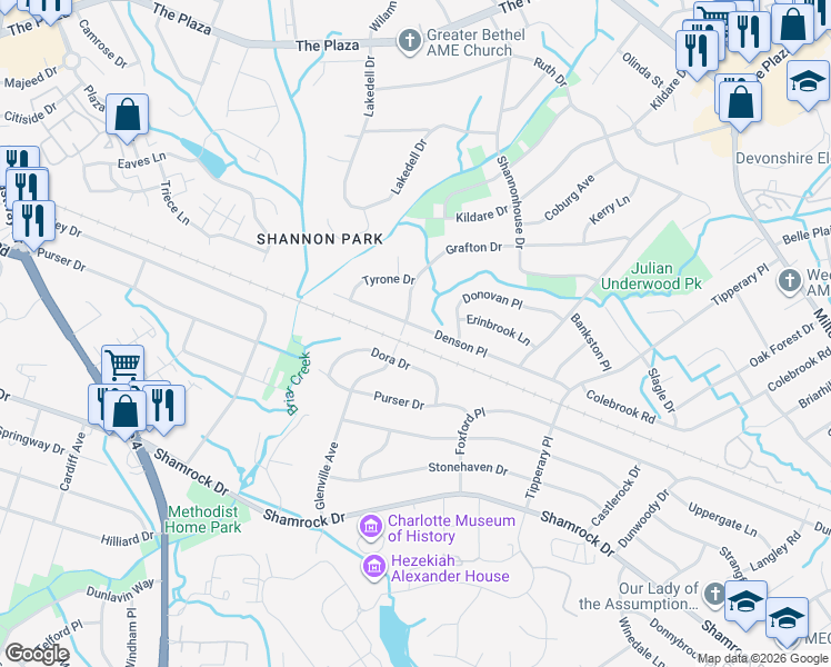 map of restaurants, bars, coffee shops, grocery stores, and more near 3410 Denson Place in Charlotte