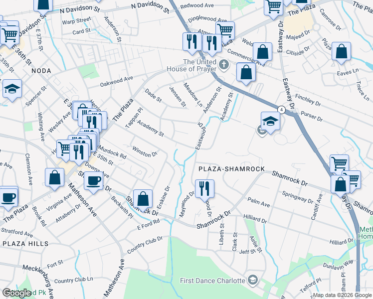 map of restaurants, bars, coffee shops, grocery stores, and more near in Charlotte