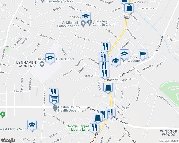 map of restaurants, bars, coffee shops, grocery stores, and more near 1812 Florida Street in Gastonia