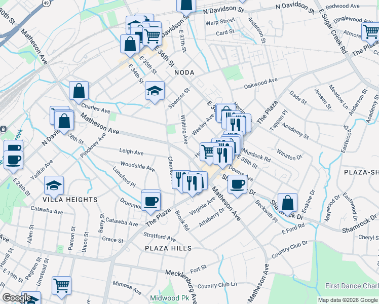 map of restaurants, bars, coffee shops, grocery stores, and more near 2823 Whiting Avenue in Charlotte