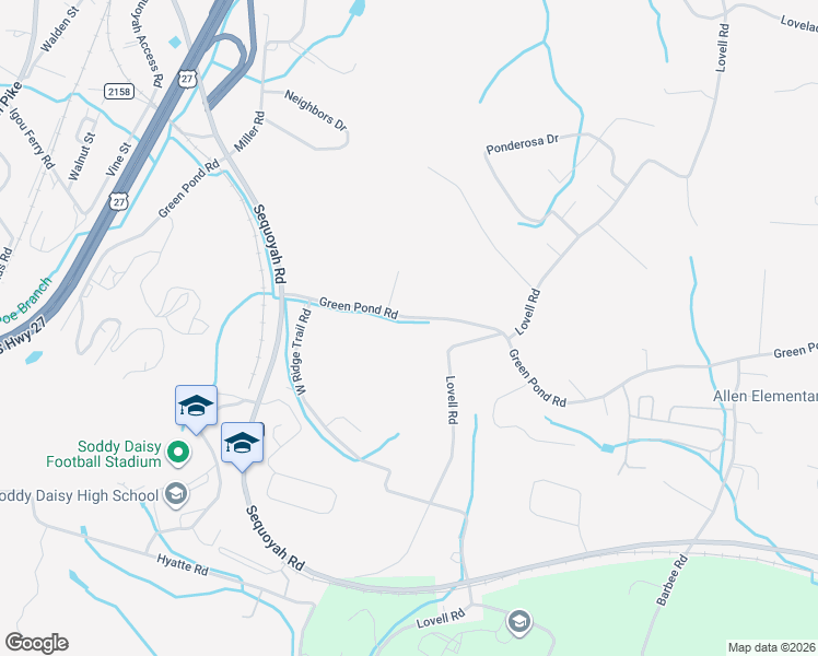 map of restaurants, bars, coffee shops, grocery stores, and more near 9827 Lovell Road in Soddy-Daisy