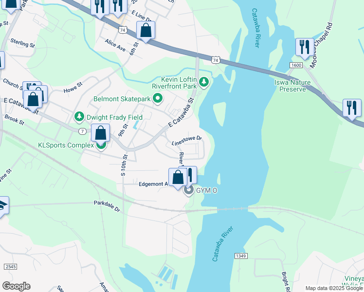map of restaurants, bars, coffee shops, grocery stores, and more near 1200 River Drive in Belmont