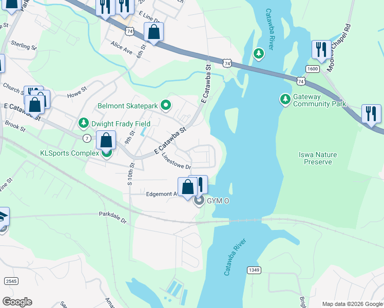 map of restaurants, bars, coffee shops, grocery stores, and more near 1200 River Drive in Belmont