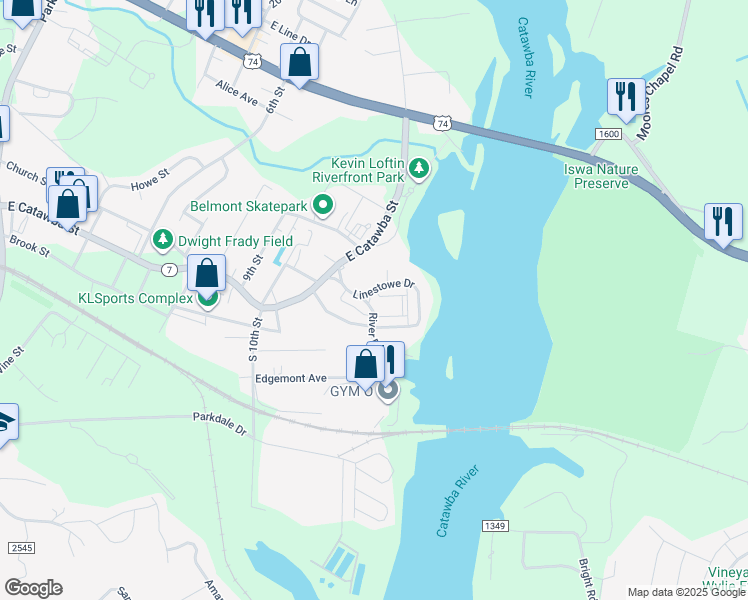 map of restaurants, bars, coffee shops, grocery stores, and more near 1200 River Drive in Belmont