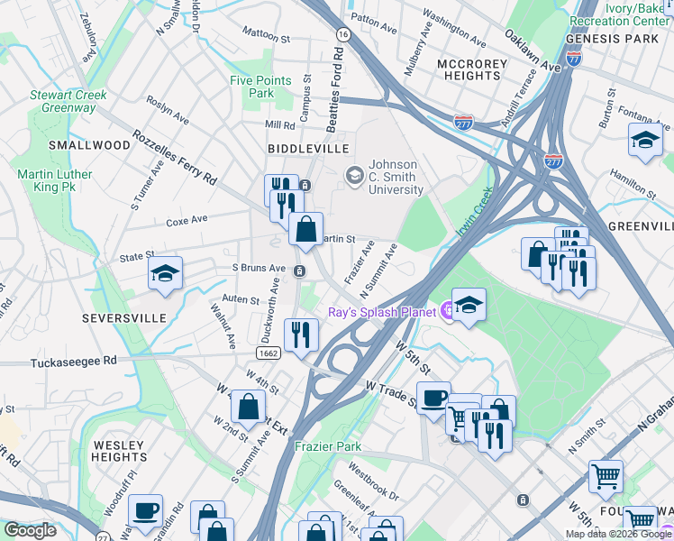map of restaurants, bars, coffee shops, grocery stores, and more near 312 Flint Street in Charlotte