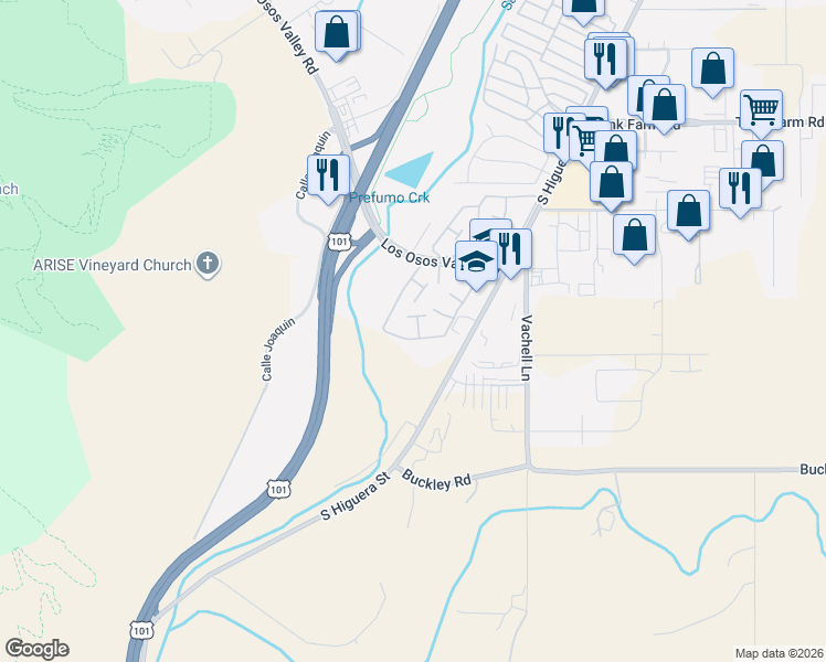map of restaurants, bars, coffee shops, grocery stores, and more near 44 El Mirador Court in San Luis Obispo