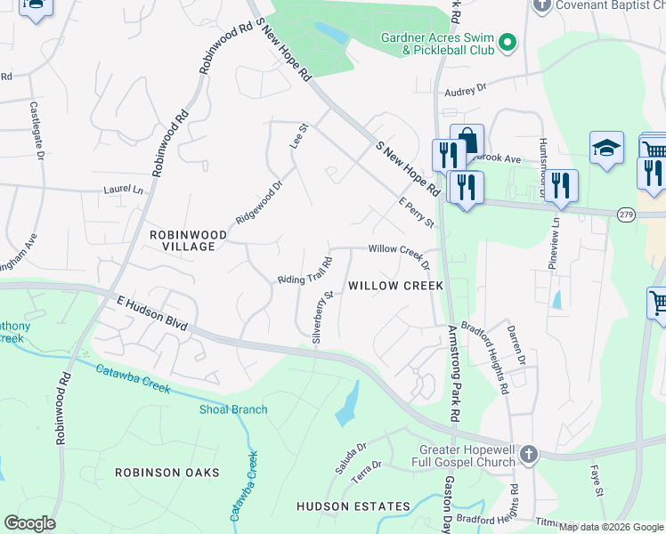map of restaurants, bars, coffee shops, grocery stores, and more near 917 Silverberry Street in Gastonia