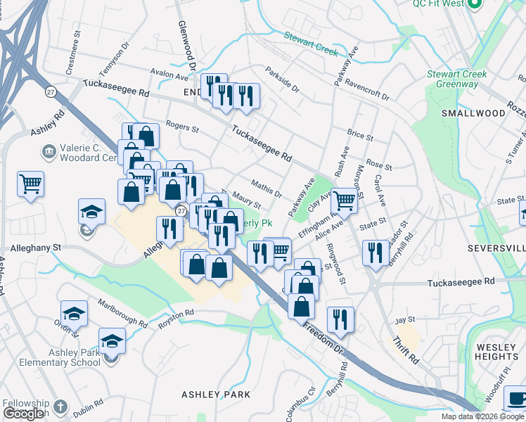 map of restaurants, bars, coffee shops, grocery stores, and more near 1540 Coker Avenue in Charlotte