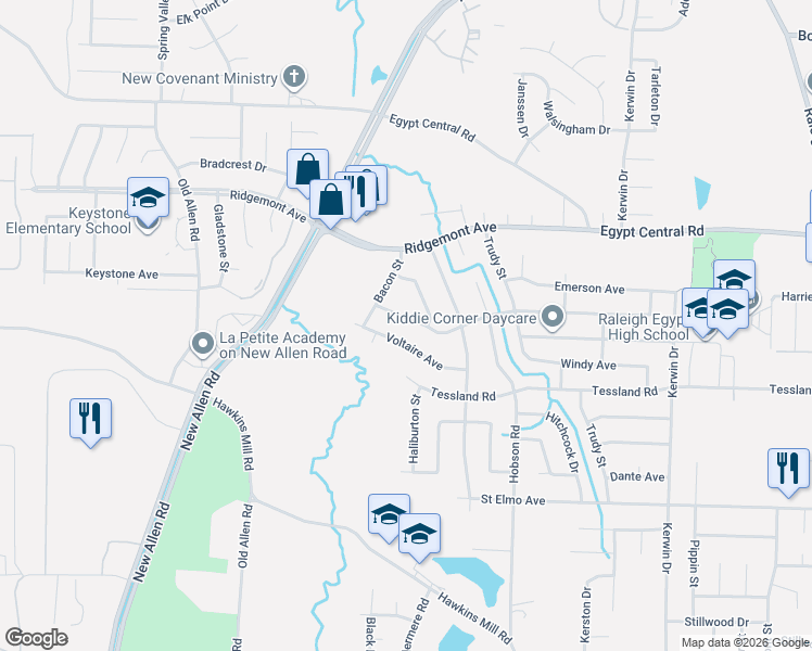 map of restaurants, bars, coffee shops, grocery stores, and more near 3617 Voltaire Avenue in Memphis
