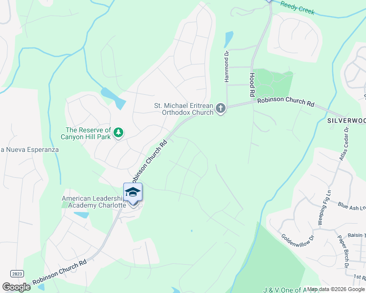 map of restaurants, bars, coffee shops, grocery stores, and more near 8464 Robinson Church Road in Charlotte