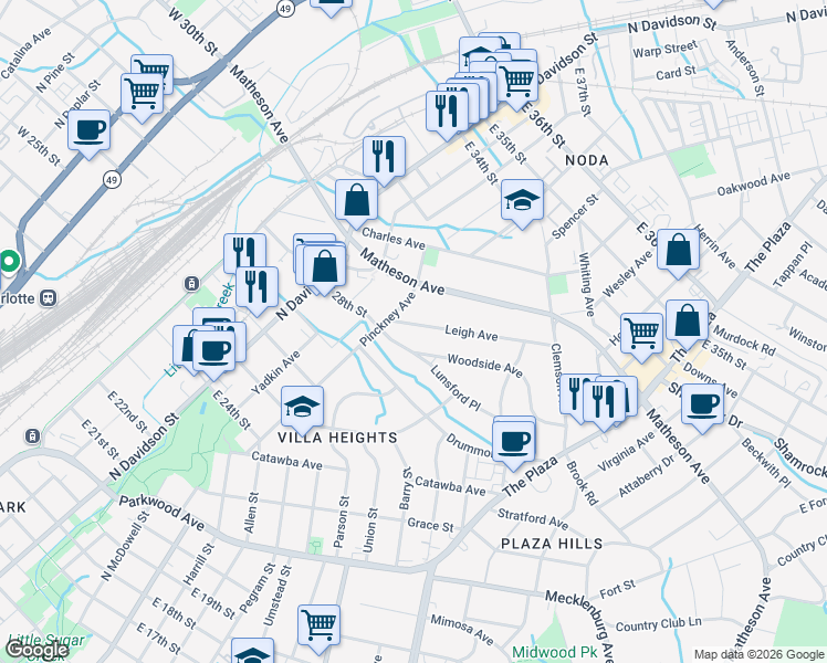 map of restaurants, bars, coffee shops, grocery stores, and more near in Charlotte