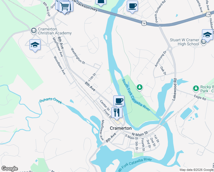 map of restaurants, bars, coffee shops, grocery stores, and more near 233 Dawson Street in Cramerton