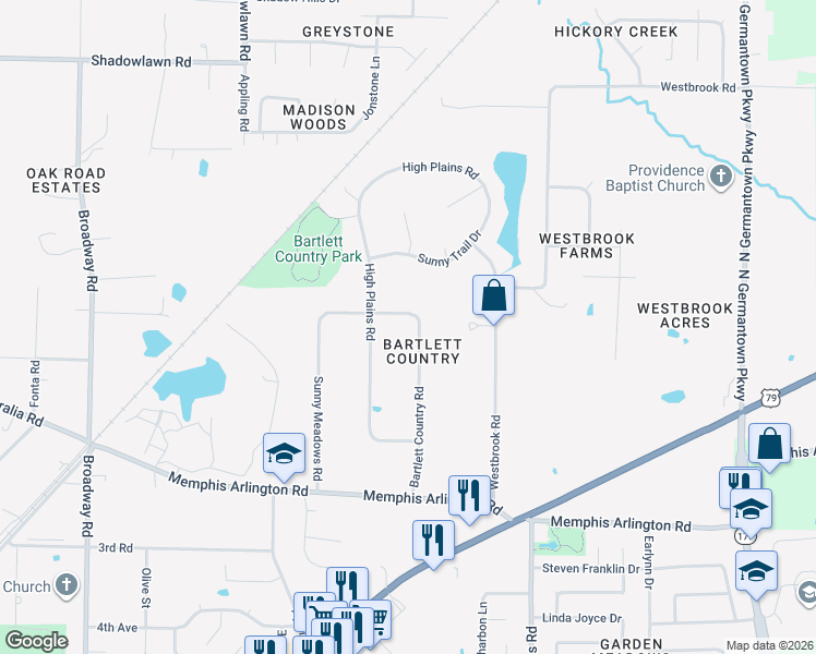 map of restaurants, bars, coffee shops, grocery stores, and more near 4167 Bartlett Country Road in Memphis